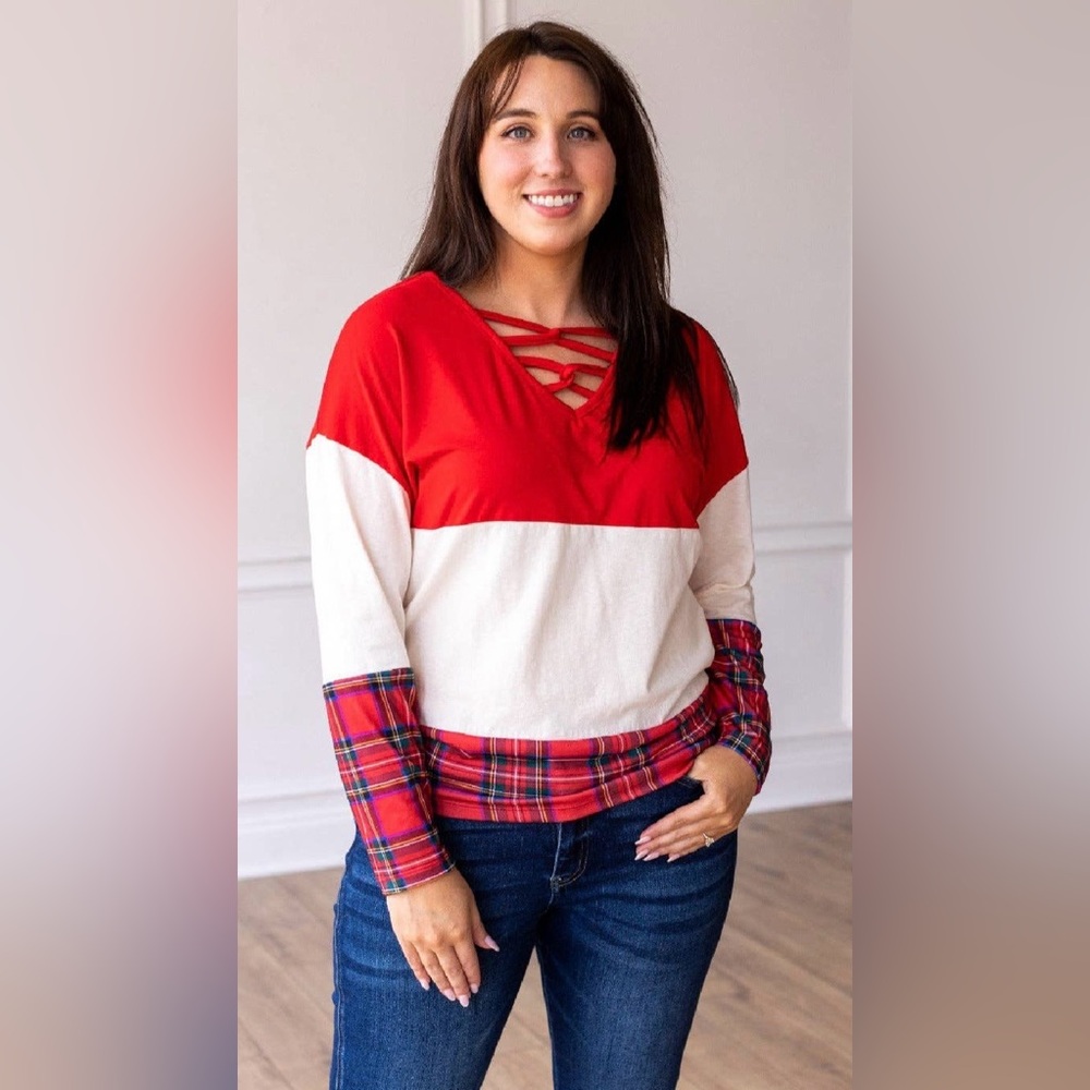Women's Size Small Red and Cream Plaid Sleeve Top New